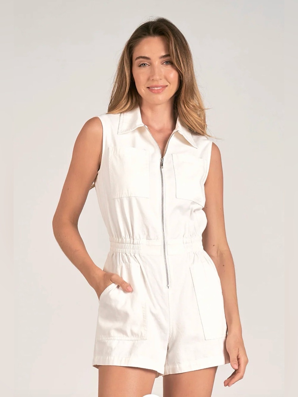 ELAN/ Nancy Chambray Zip Romper In White/ XL / NWT / PTP-21”